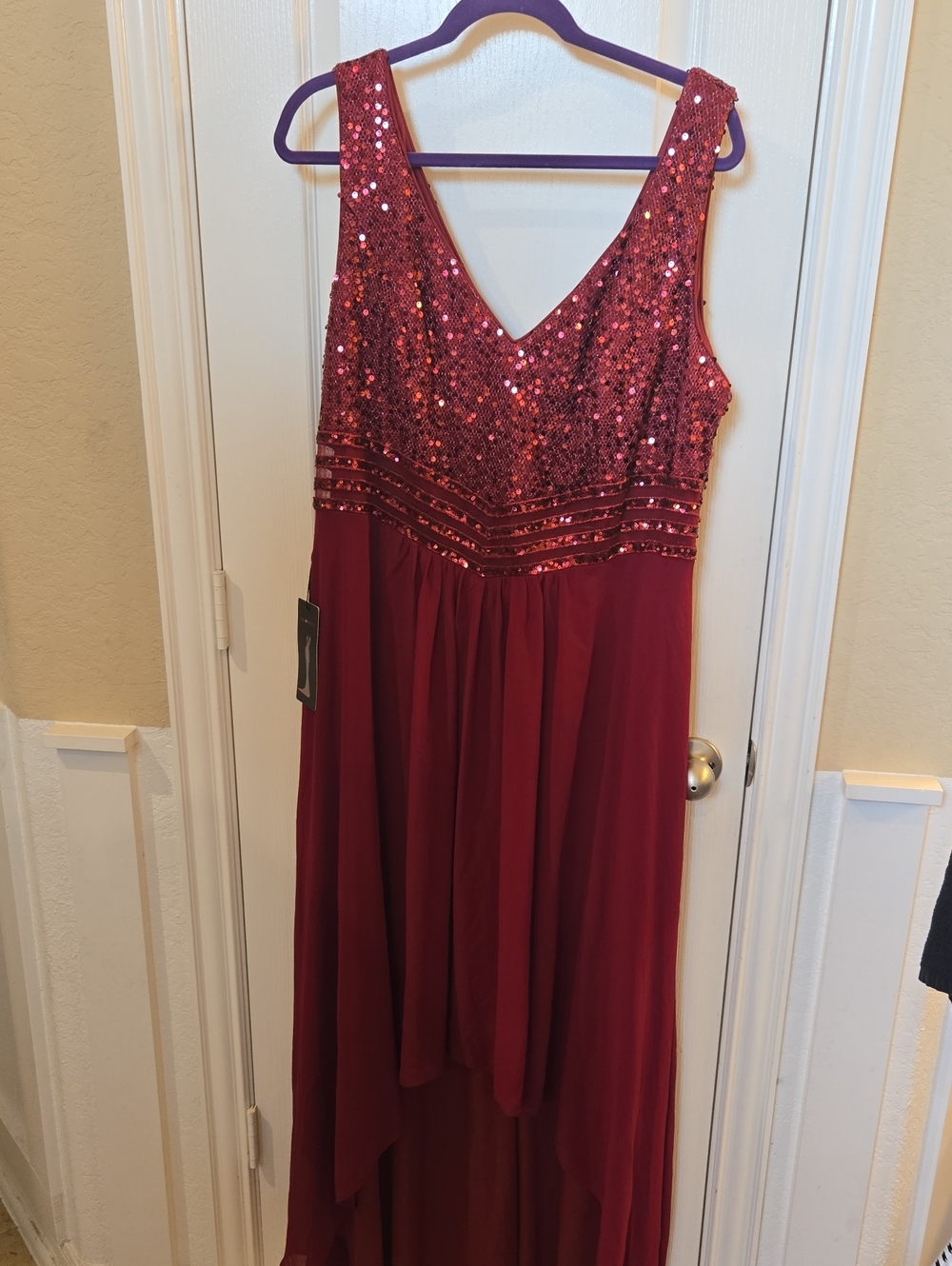 Ever Pretty Burgundy Sequin V-Neck High-Low Gown